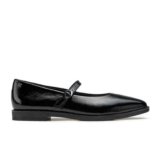 Womens Black Crinkled Patent Flat- Paul Green Shoes Carla Flat- Side View view 1