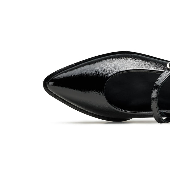 Womens Black Crinkled Patent Flat- Paul Green Shoes Carla Flat- Closeup Toebox View view 2