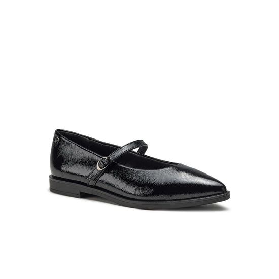Womens Black Crinkled Patent Flat- Paul Green Shoes Carla Flat- 3/4 View view 3