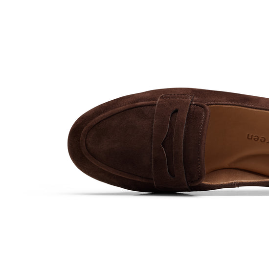 Womens Cacao Suede Loafer- Paul Green Shoes Dottie Flat- Closeup Toebox View view 2