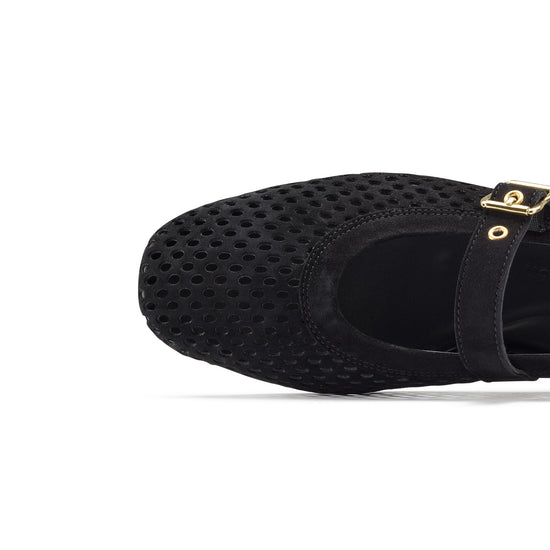 Womens Black Suede Flat- Paul Green Shoes Dana Flat- Closeup Toebox View view 2
