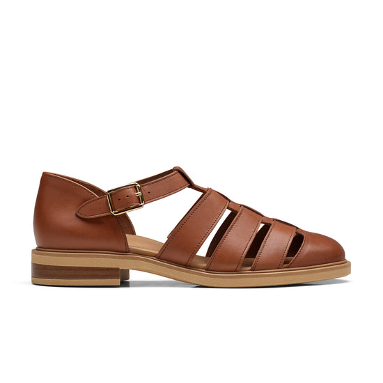 Womens Cognac Leather Sandal- Paul Green Shoes Eris Sandal- Side View view 1