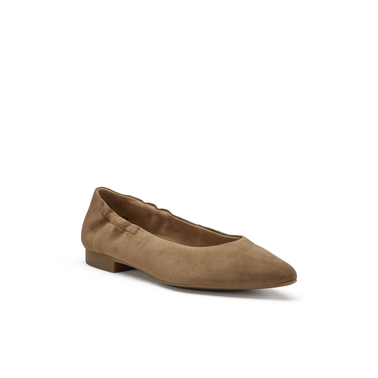 Womens Nut Soft Suede Flat- Paul Green Shoes Elly Flat- 3/4 View view 3