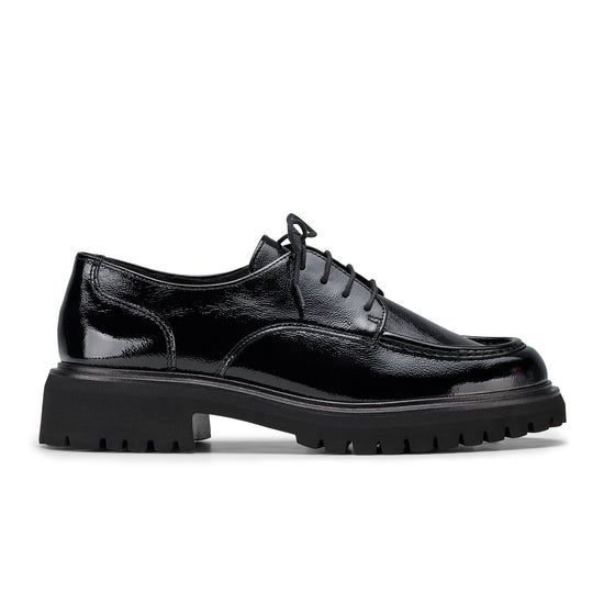 Womens Black Crinkled Patent Lug Loafer- Paul Green Felix Lug Loafer- Side Profile View view 1