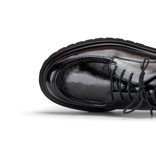 Womens Black Crinkled Patent Lug Loafer- Paul Green Felix Lug Loafer- Closeup Toe Box View view 2