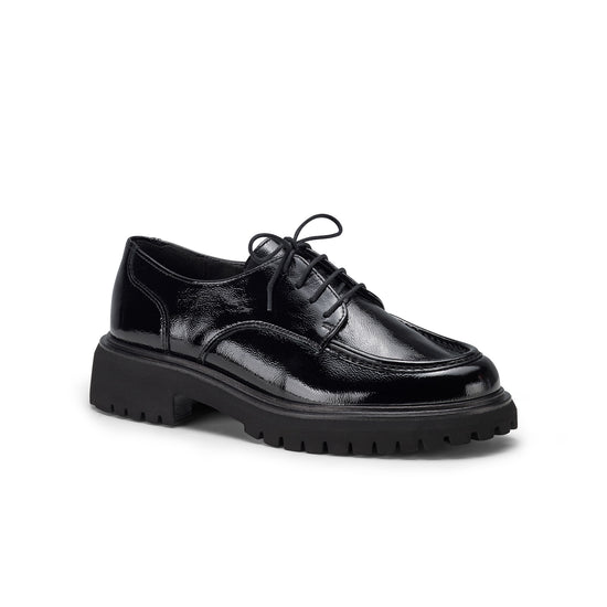 Womens Black Crinkled Patent Lug Loafer- Paul Green Felix Lug Loafer- 3/4 Angle View view 3