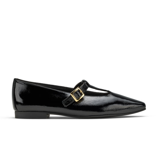 Womens Black Crinkled Patent Flat- Paul Green Shoes Fiji Flat- Side View view 1