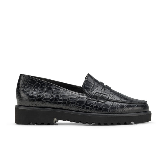 Womens Black Croco Loafer- Paul Green Carmel Loafer- Side Profile View view 1