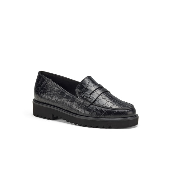 Womens Black Croco Loafer- Paul Green Carmel Loafer- 3/4 Angle View view 3