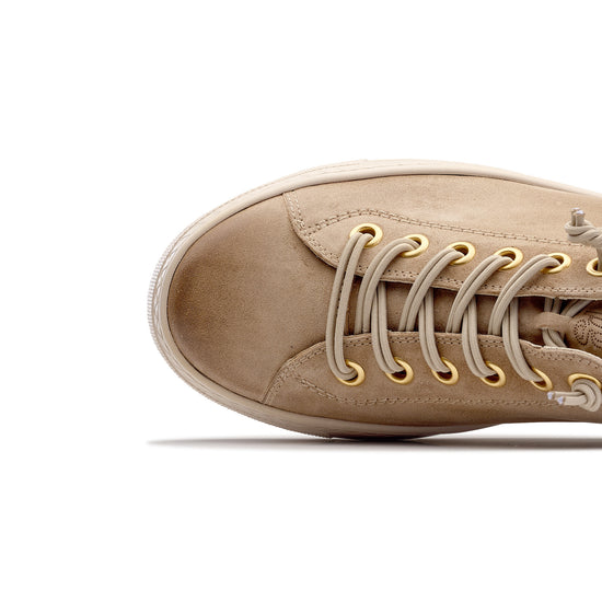 Womens Almond Nubuck Sneaker- Paul Green Shoes Hadley Sneaker- Closeup toe-box view view 2