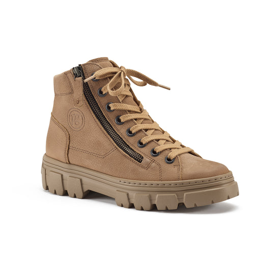 Womens Tan Grained Nubuk Boot- Paul Green Shoes Novi Boot- 3/4 View view 3
