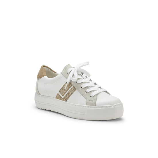 Womens White Sand Glitter Combo Sneaker- Paul Green Shoes Dove Sneaker- 3/4 Angle View view 3