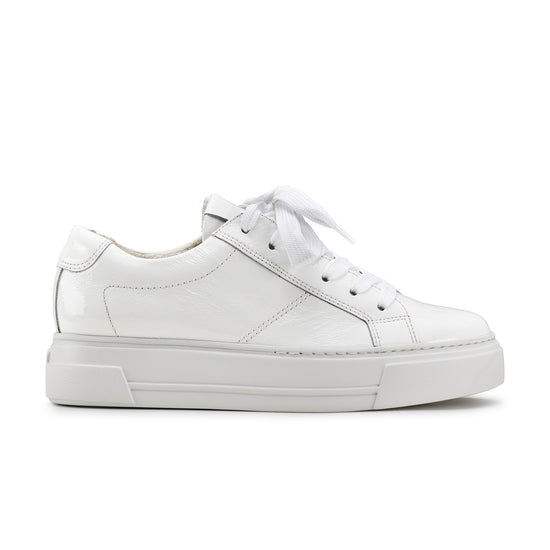 Womens White Crinkled Leather Sneaker- Paul Green Shoes Dumont Sneaker- Side View