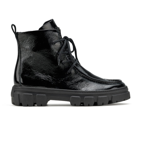 Womens Black Crinkled Patent Boot- Paul Green Febe Boot- Side Profile View view 1