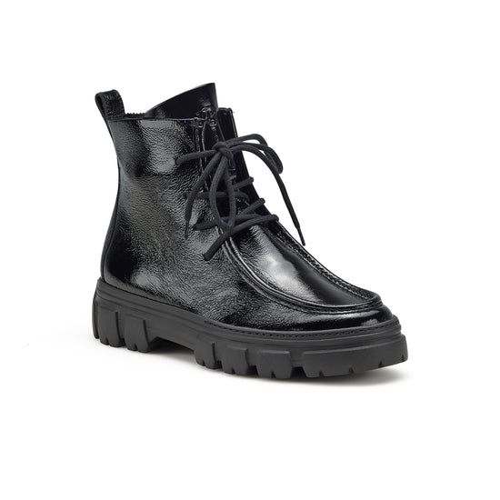 Womens Black Crinkled Patent Boot- Paul Green Febe Boot- 3/4 Angle View view 3