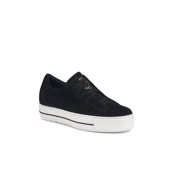 Womens Black Suede Sneaker- Paul Green Shoes Dante Sneaker- 3/4 View view 3
