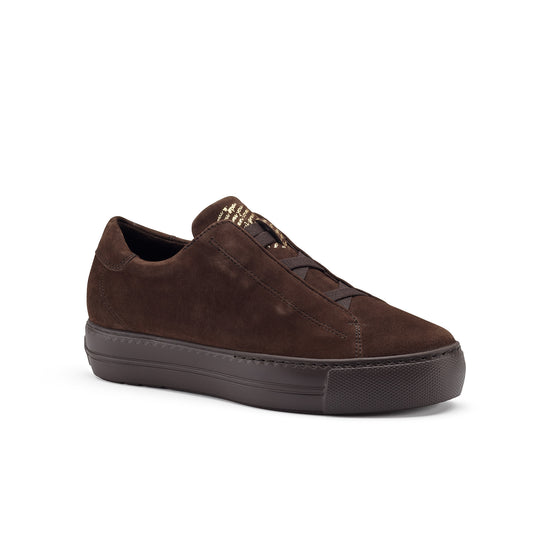 Womens Choco Suede Sneaker- Paul Green Shoes Dante Sneaker- 3/4 View view 3