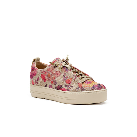 Womens Blue Flower Canvas Sneaker- Paul Green Shoes Desi Sneaker- 3/4 Angle View view 3