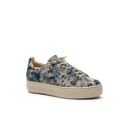 Womens Blue Flower Canvas Sneaker- Paul Green Shoes Desi Sneaker- 3/4 Angle View view 3