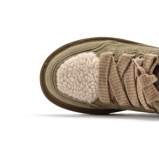 Womens Khaki Suede Sneaker- Paul Green Shoes Faro Sneaker- Closeup Toebox View view 2