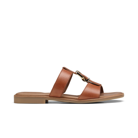 Womens Cognac Leather Sandal- Paul Green Shoes Dynamite Slide- Side View view 1