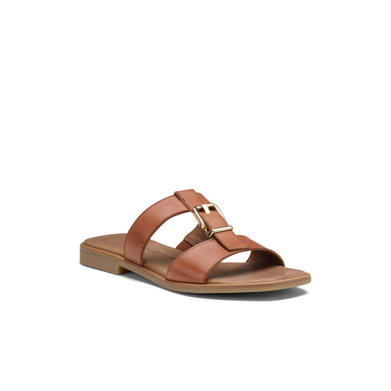 Womens Cognac Leather Sandal- Paul Green Shoes Dynamite Slide- 3/4 View view 3