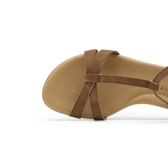 Womens Nut Suede Sandal- Paul Green Shoes Donna T-Strap Sandal- Closeup Toebox View view 2