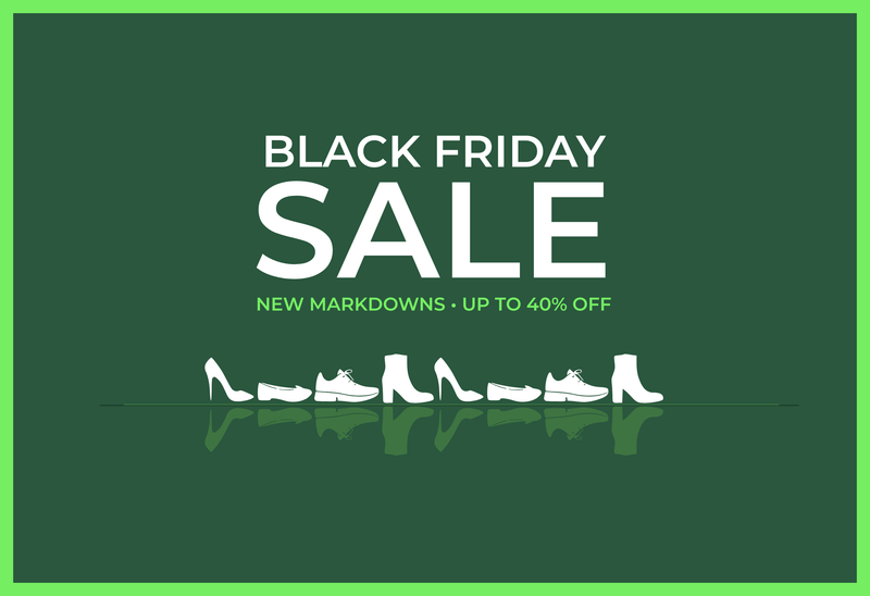 Paul Green Black Friday sale advertisement with shoes and discount information on a green background. "New Markdowns Up to 40% Off".